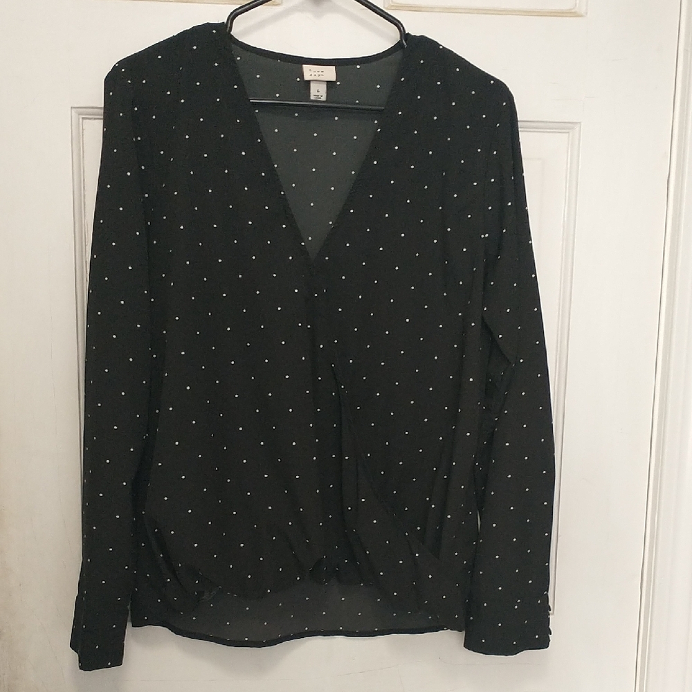 3/$12 Lush Black Long Sleeve V-Neck Blouse with White Dot Print